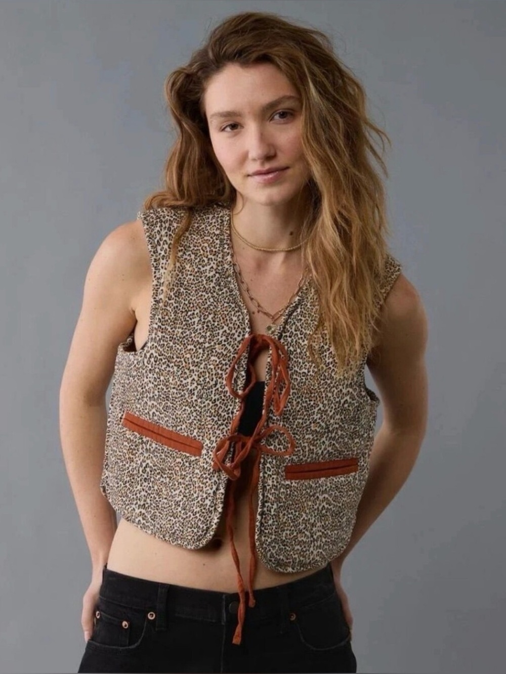 American Eagle Size XS Reversible Leopard Print Rust Quilted Tie Cowgirl Vest